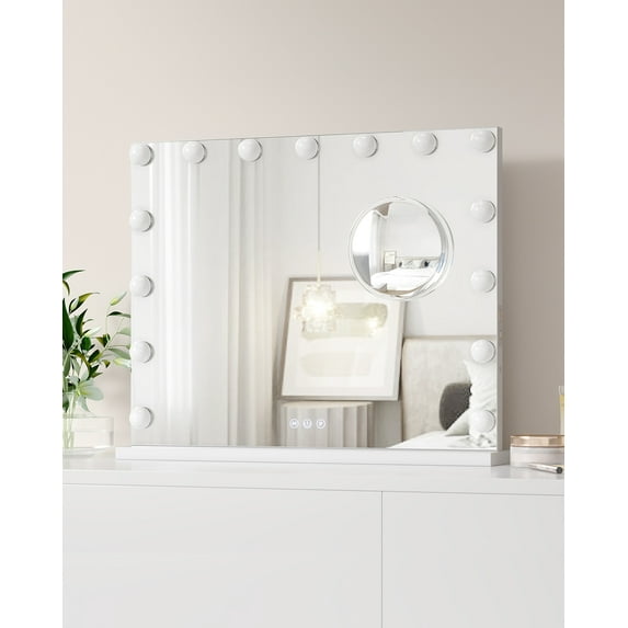 Vanity Mirror with 15 PCS LED Bulbs, Touch Control 3 Color Lighting Dimmable Makeup Mirror, Square Desk Mirror, Embedded with 3X Magnifying Glass With USB Interface, 23"L*18"W