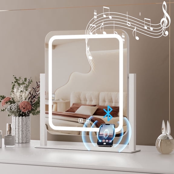 Odernirror Vanity Mirror with Bluetooth Speaker, LED Makeup Mirror for Desk, 5X Magnifier, Dimmable 3 Color Modes, White