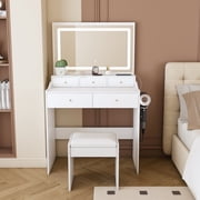Vanity Mirror with LED Lighted - 3 Color Models, Vanity Desk with Mirror and Light, Makeup Desk with 5 Drawers & Power Outlet & Hair-Dryer Holder, Dressing Makeup Table with Stool for Home Apt