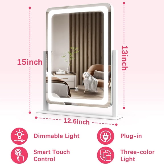 Vanity Mirror with Lights, 12.6"15" LED Makeup Mirror, Lighted Makeup Mirror with Lights, Smart Touch Control Dimmable 3 Modes Light, Lighted Up Mirror for Makeup Desk, Bedroom, Dressing Room