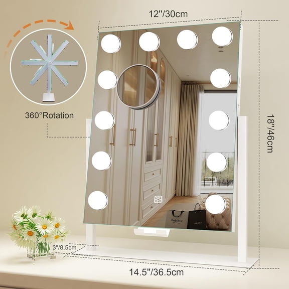 Vanity Mirror with Lights, 12 Dimmable LED Bulbs, Detachable 10X Magnifying Mirror, Touch Control, USB Rechargeable, Tabletop Hollywood Lighted Makeup Mirror for Dressing Table,16''x12''