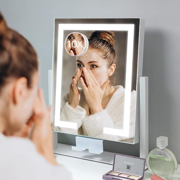 Vanity Mirror with Lights, 14" x 12" LED Makeup Mirror, Lighted Makeup Mirror with 10X Spot Mirror,Smart Touch 3 Colors Dimmable,360 Rotation, Plug in(White)