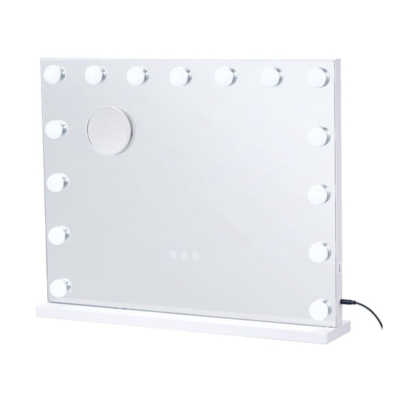 Vanity Mirror with Lights, 15 Dimmable Bulbs, 5X Magnification, Touch Control, USB Port - Hollywood Makeup Mirror for Bedroom, Tabletop or Wall Mount (22.8x18.1in, White)
