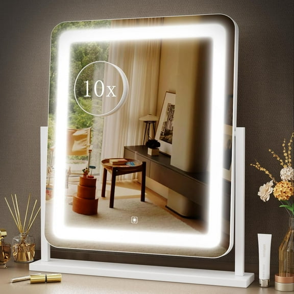 Vanity Mirror with Lights, 17.3 LED Detachable 10X Magnification, Smart Touch Control, 3 Color Lighting Modes,360Rotation Tabletop Make Up Mirror for Bedroom Bathroom