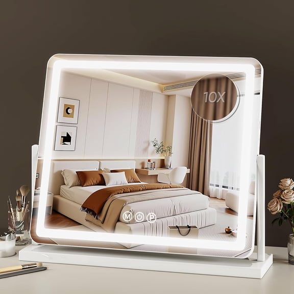 Vanity Mirror with Lights, 18"x14" Hollywood Lighted Makeup Mirror for Tabletop & Bedroom 3 Color Lighting Modes Smart Touch Control 360° Rotation Detachable