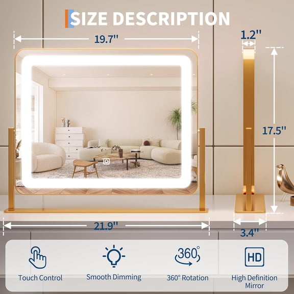 Vanity Mirror with Lights, 19.6"x15.7" LED Makeup Mirror with Lights, Large Lighted Makeup Mirror, Touch Screen, 3-Color Dimmable Desk Mirror for Bedroom, Vanity Desk, Tabletop, Dressing Room, Gold