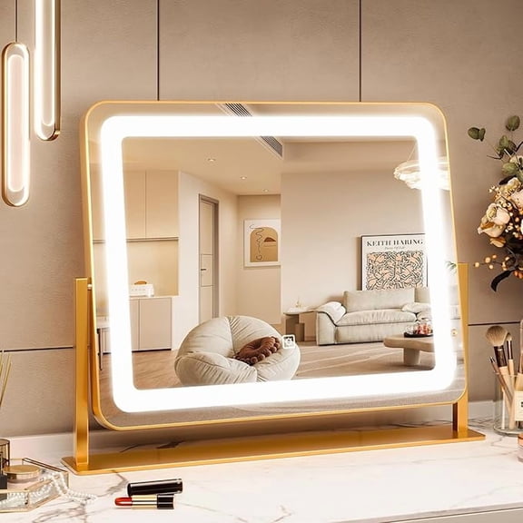 Vanity Mirror with Lights, 19.6"x15.7" LED Makeup Mirror with Lights, Large Lighted Makeup Mirror, Touch Screen, 3-Color Dimmable Desk Mirror for Bedroom, Vanity Desk, Tabletop, Dressing Room, Gold