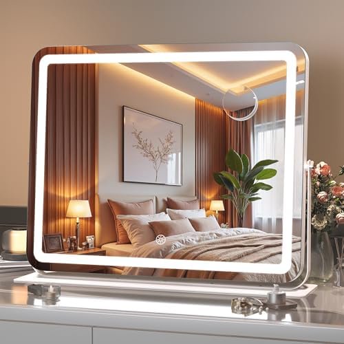 Vanity Mirror with Lights, 20" x 16" LED Makeup Mirror, Light & Brightness Adjustment, Smart Sensor, 360°Rotation, Aluminum Alloy Metal White Frame, with 10X Magnifying Glass