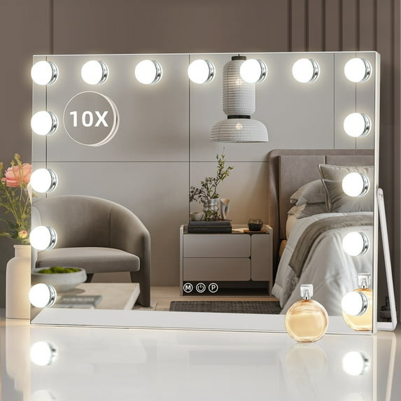 Vanity Mirror with Lights - 22"x18" Hollywood Lighted Makeup Mirror with 15 LED Bulbs,  Touch Control  3 Color Modes 10X Magnifying Mirror for Dressing Table or Bedroom-White