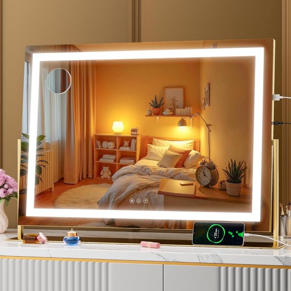 Vanity Mirror with Lights, 28" x 20" LED Makeup Mirror, Light up Mirror with 10X Magnification and Phone Holder, USB Charging Port, Smart Touch 3 Colors Dimmable, 360 Rotation (Gold)