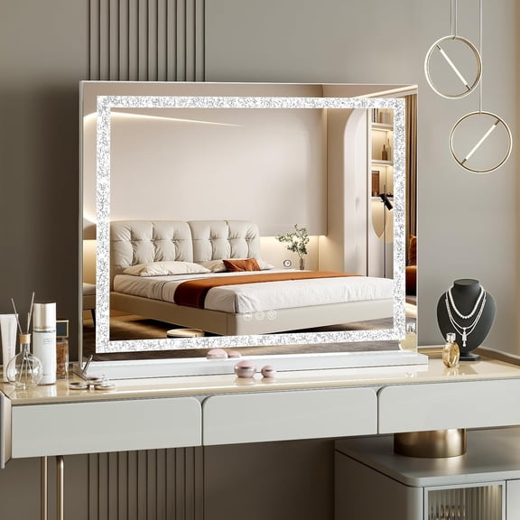 Vanity Mirror with Lights 31.5" x 22.8" Makeup Mirror with Crystal Light Strip and Hollywood Vanity Mirror wtih Smart Touch Control 3 Colors Dimmable Light Strip & 10X Magnification,White