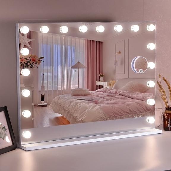 Vanity Mirror with Lights 31.5''x22.8'' Tempered Glass Large Hollywood Mirror with 18 Dimmable Bulbs for Makeup, Table/Hanging Bluetooth Speaker Mirror with Touch Screen & USB Charge Port