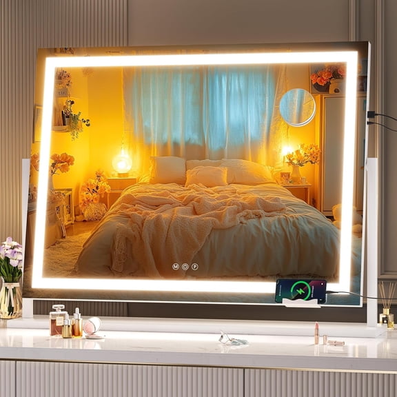 Vanity Mirror with Lights, 32" x 24" LED Makeup Mirror, Light up Mirror with 10X Magnification and Phone Holder, USB Charging Port, Smart Touch 3 Colors Dimmable (White)