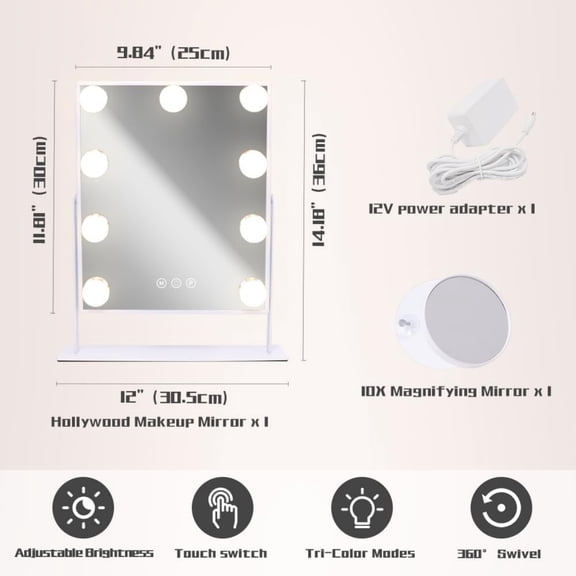 Vanity Mirror with Lights, 9 Led Bulbs Lighted Makeup Mirror with Detachable 10X Magnification Mirror, Hollywood Mirror 3 Color Lights Tabletop Makeup Mirror, 360Rotation