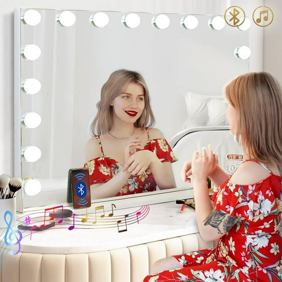 Vanity Mirror with Lights and Bluetooth Extra Large Hollywood Makeup Mirror with 18 pcs LED Bulbs Lighted Mirror with USB Charging3 Color Lighting Modes Tabletop or Wall Mount