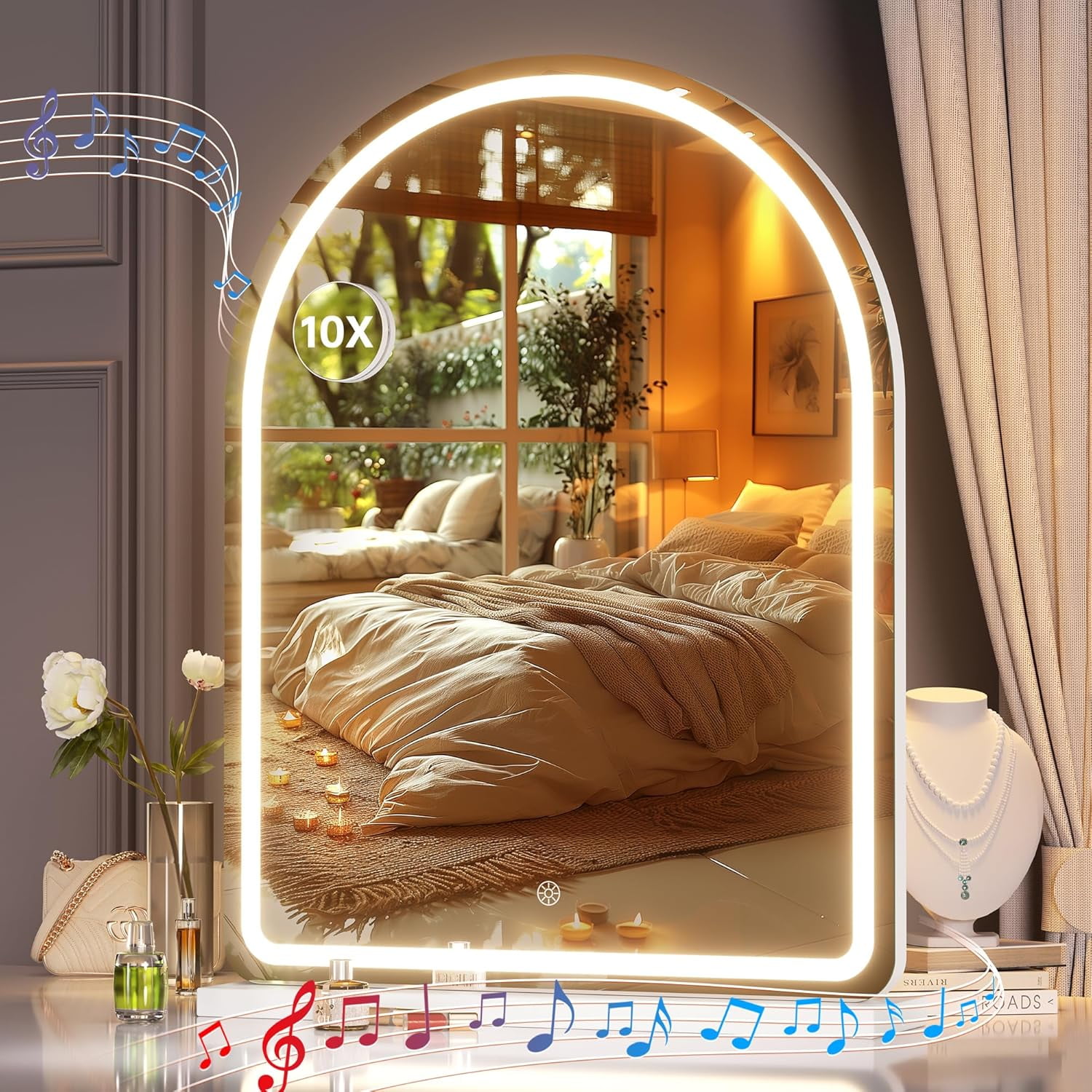 Vanity Mirror with Lights and Bluetooth Speaker, 20"×26" Arched LED