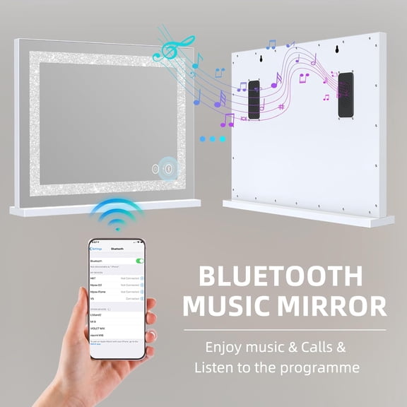 Vanity Mirror with Lights and Bluetooth Speaker 22.8* 18.1’ Hollywood Mirror with Crystal Light Strip Makeup Mirror, 3 Color LED Mirror USB Charging Port, 10X Magnification, Smart Touch, White