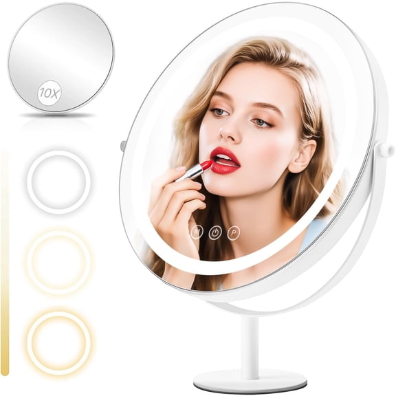 Vanity Mirror with Lights, Height-Adjustable & 360 ° Rotation, 1/10X Magnification, Three Color Lighting Modes, Makeup Mirror Smart Touch Control, Large Vanity Desk Mirror