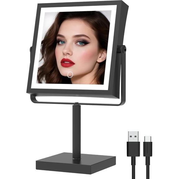 Vanity Mirror with Lights, Height & Brightness Adjustable, Rechargeable 4000mAh Lighted Makeup Mirror with Magnification 1X/10X, 3 Color Lights & 360° Rotation (Matte Black-Table)