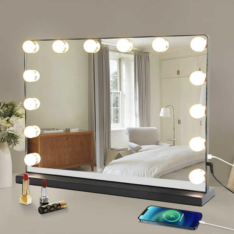 Dinglilighting Hollywood Vanity Mirror with Lights Magnifying Mirror with Light Touch Control USB Outlet 3 Color Dimmable Removable Magnifying