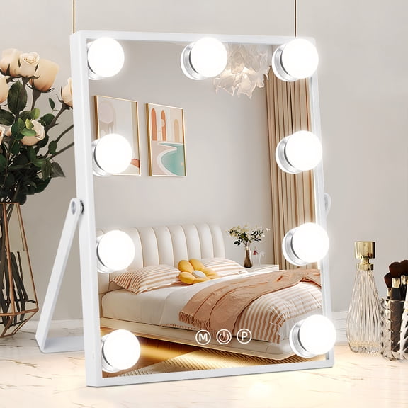 Vanity Mirror with Lights, Hollywood Vanity Makeup Mirror with 10X Magnification, Lighted Make Up Mirrors with 9 Dimmable Bulbs, 360 Degree Rotation, Smart Touch Control