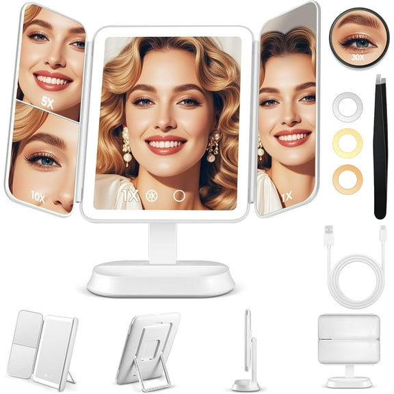 MY Vanity Mirror with Lights, Lighted Makeup Mirror with 30X/10X/5X Magnification, Rechargeable Trifold Mirror with 3 Color & Adjustable Brightness, Travel Makeup Mirror with Lights for Desk