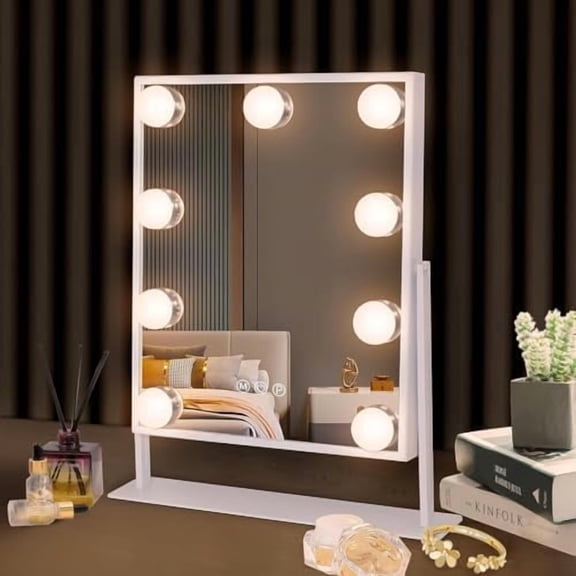 Vanity Mirror with Lights, Lighted Makeup Mirror with 9 LED Bulbs, Plug in Light Up Makeup Mirror with Lights, 360 Rotation with 10x Magnifying Mirror, Tabletop