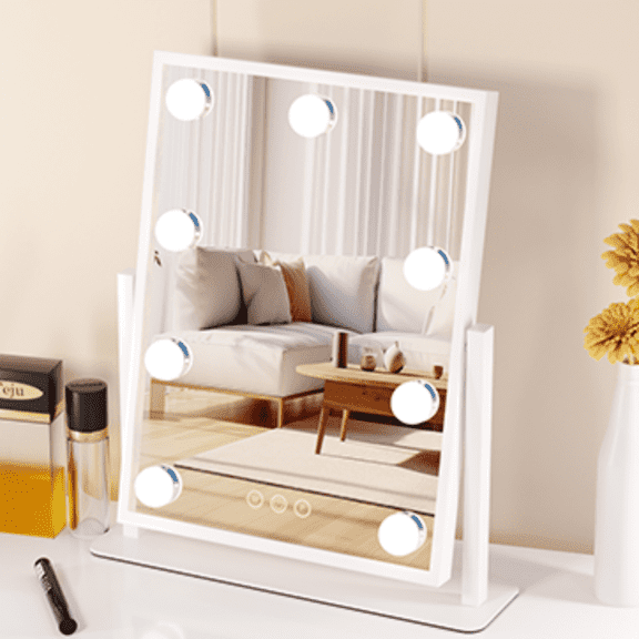 Vanity Mirror with Lights, Lighted Makeup Mirror Hollywood Makeup Mirror with 9 Dimmable Bulbs and 3 Color Lighting Modes, Smart Touch Control, 360Rotation