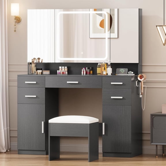 Vanity with Mirror and Lights, Makeup Vanity with 7 Drawers, Vanity Set with Tri-Folding 3 Colors Lighting Mirror and Cushioned Stool, Big Vanities with Power Outlet Perfect for Bedroom, Gray