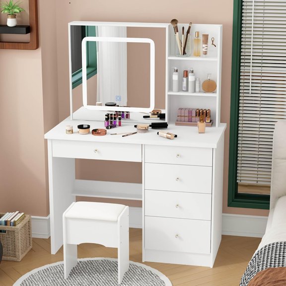 Vanity Mirror with Lights, Makeup Vanity with Chair, Make up Desk Table with Storage Drawers, Large Shelves, LED Light and Stool for Bedroom, Dressing Room, White
