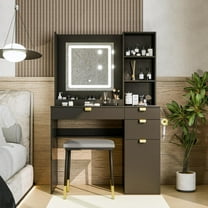 Vanity with Mirror and Lights, Makeup Vanity Table Set, Black and Gold Vanity Desk, Dressing Table, Small Wood Vanity with Chair, Touch-Sensitive Dimmable Mirror, Shelves and Drawers. Black