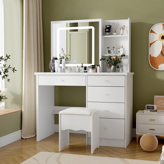 Vanity Mirror with Lights, Vanity with Chair, Make up Table Desk with Storage Drawers, Large Shelves, Stool and Sliding Mirror for Bedroom, Dressing Room, White