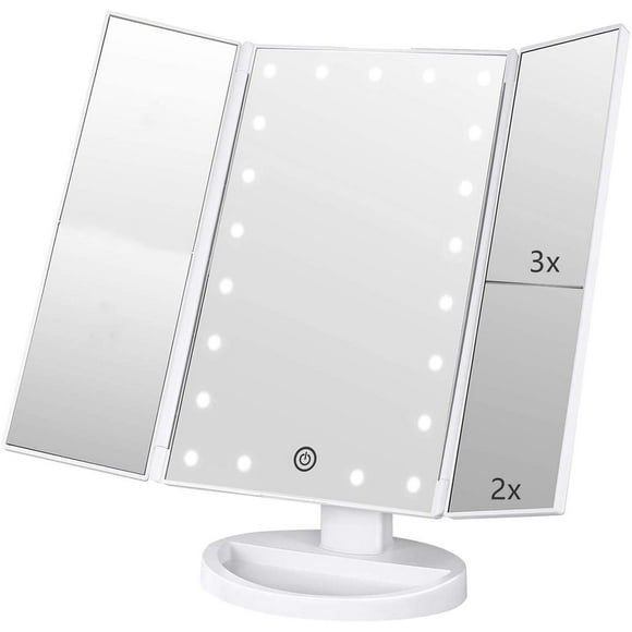 Vanity Mirror Tri-fold, Vanity Mirror with 22 LED Lights, Touch Screen and 3X/2X/1X Magnification, 180 Rotation Countertop Cosmetic Travel Mirrors,Two Power Supply Modes Make Up Mirror,White