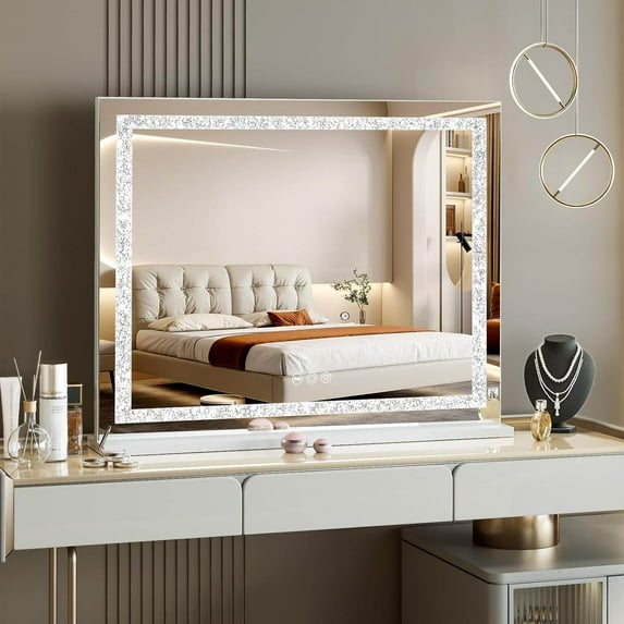 Vanity Mirror Vanity Mirror with Lights 31.5" x 22.8" Makeup Mirror with Crystal Light Strip and Hollywood Vanity Mirror wtih Smart Touch Control 3 Colors Dimmable Light Strip & 10X Magnification,Whi