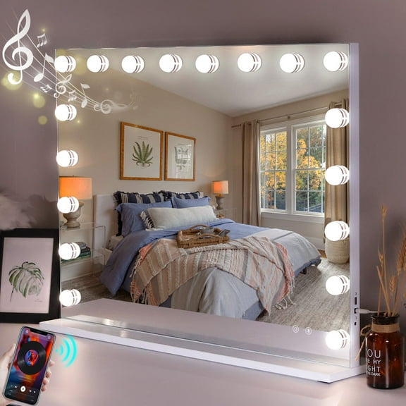 Vanity Mirror Vanity Mirror with Lights 31.5''x22.8'' Tempered Glass Large Hollywood Mirror with 18 Dimmable Bulbs for Makeup, Table/Hanging Bluetooth Speaker Mirror with Touch Screen & USB Charge Po