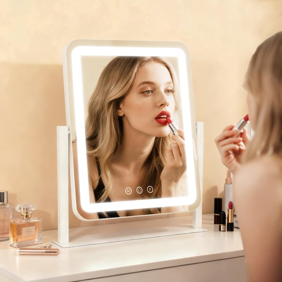 Vanity Mirror With Lights 13x16 Inch  Smart Touch Control 3 Color Lighting Modes Table Top Stand For Bedroom