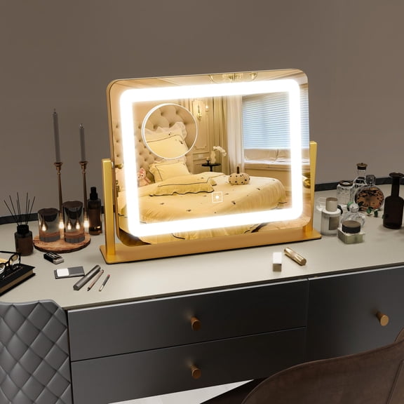Vanity Mirror With Lights 15" X 12"  Lighted Makeup 10x Magnification 3 Color Lighting & Dimmable Brightness Make Up For Bedroom Tabletop