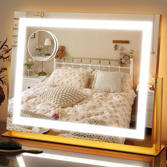 Vanity Mirror With Lights 22''x18'' Makeup Lighted 10x Magnification  Smart Touch Screen 3-color Lighting Dimmable(square Gold)