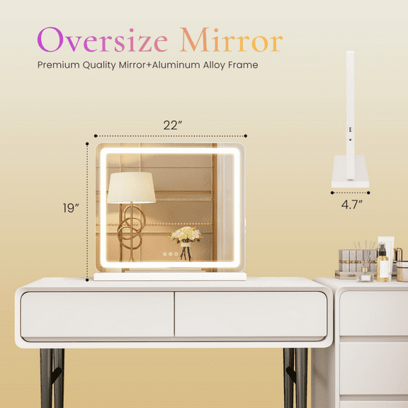 Vanity Mirror With Lights, LED Makeup Mirror With Dimmable 3 Color Modes, Touch Screen Control Vanity Based Mirror Desk Mirror Square White