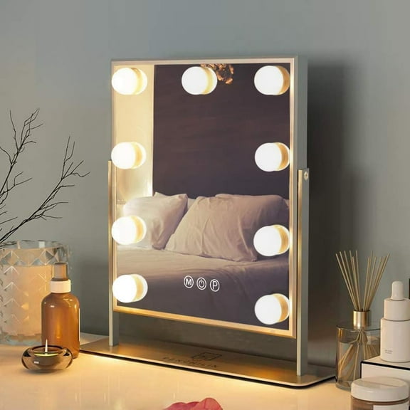 Vanity Mirror with Light Lighted Makeup Smart Touch Control 3Colors Dimmable Detachable 10X Magnification Tabletop 360Rotation(White)
