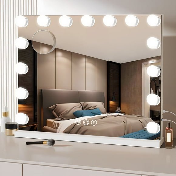 Vanity Mirror with Lights, 22''x18'' Hollywood Makeup Mirror with 15 Dimmable LED Bulbs, 3 Color Modes, USB Charging Port, 10X Magnification, White