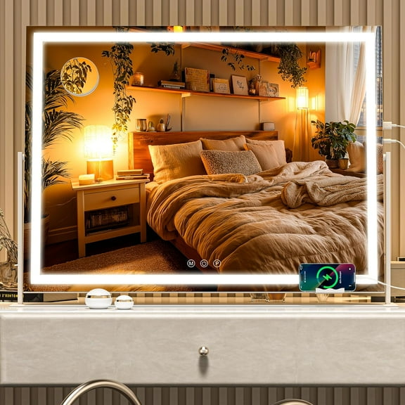 Vanity Mirror with Lights, 30'' x 22'' Lighted  Mirror, Touch Screen with 3-Color Lighting, Dimmable for Vanity Desk Tabletop Square White