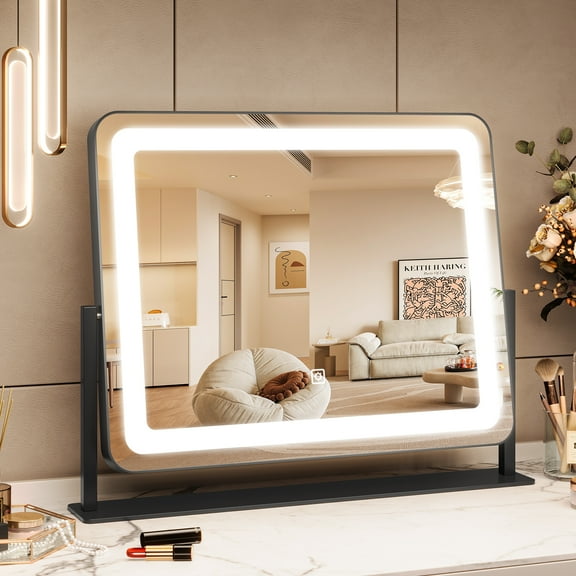 Vanity Mirror with Lights, LED Makeup Mirror, Large Lighted Mirror, 360° Rotation, Desk Mirror for Bedroom, Dressing Table, Tabletop