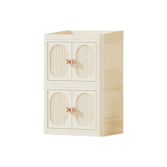 Vanity Organizer, White Foldable Storage Cabinet with Double Doors, Stackable Makeup Cosmetic Organizer for Desktop, Large Capacity Bathroom Storage Cabinet for Skincare and Supplies