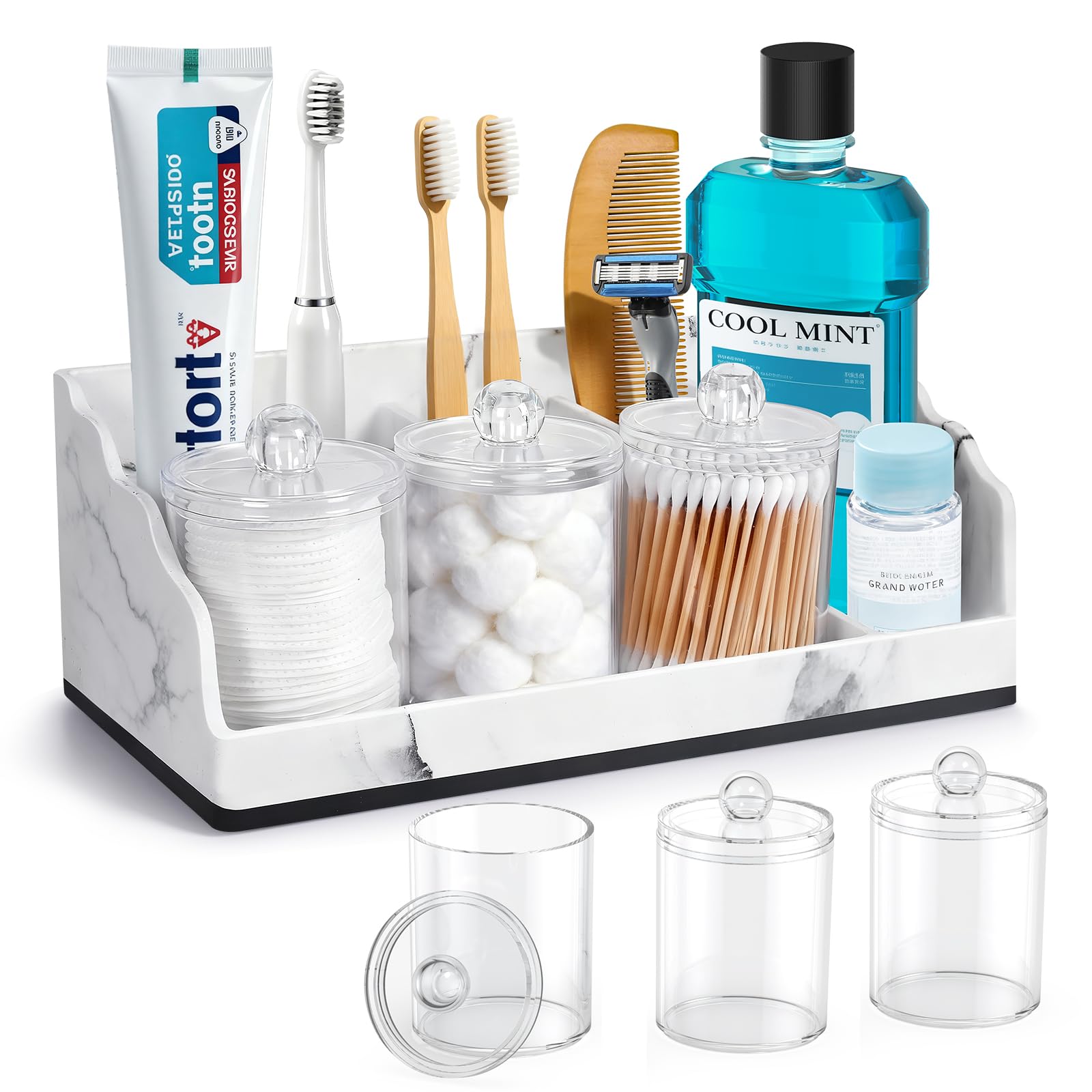 Vanity Razor Vanity Organizer for Bathroom Counter, Marble Toothbrush Holder with 3 ...
