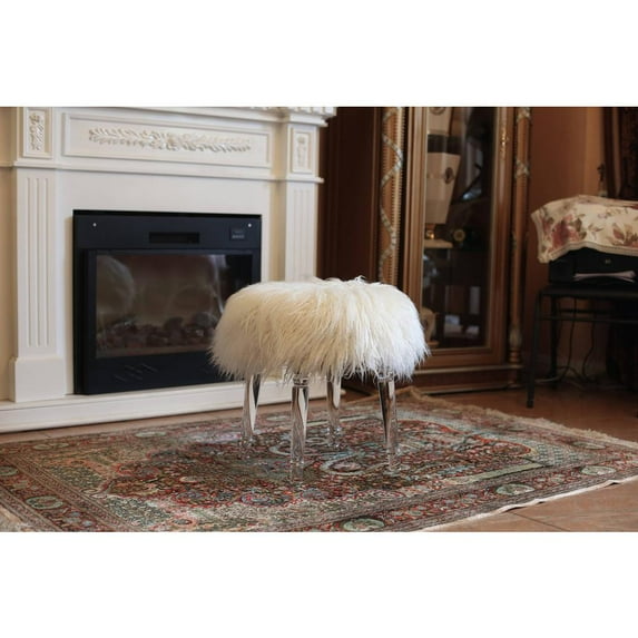 Vanity Ottoman with Faux White Fur and Clear Acrylic legs