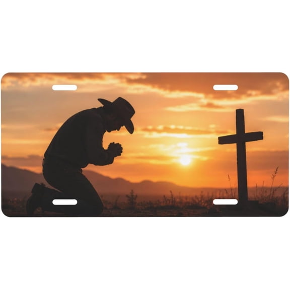 Vanity Plate Cover, Praying Cowboy Western Christian Cross Style Novelty Car Tag, Metal