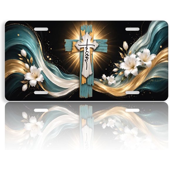 Vanity Plate Cover with Cross Lily Faith Teal Gold Christian Design, Novelty Car Tag, Aluminum, 4-Hole, 6 x 12 Inch