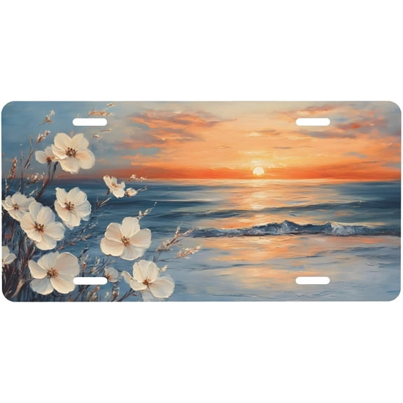 Vanity Plate Cover with Sunset Flowers Beach Design, Novelty Car Tag, Aluminum Metal, 4-Hole, 6 x 12 Inch, Rust-Proof