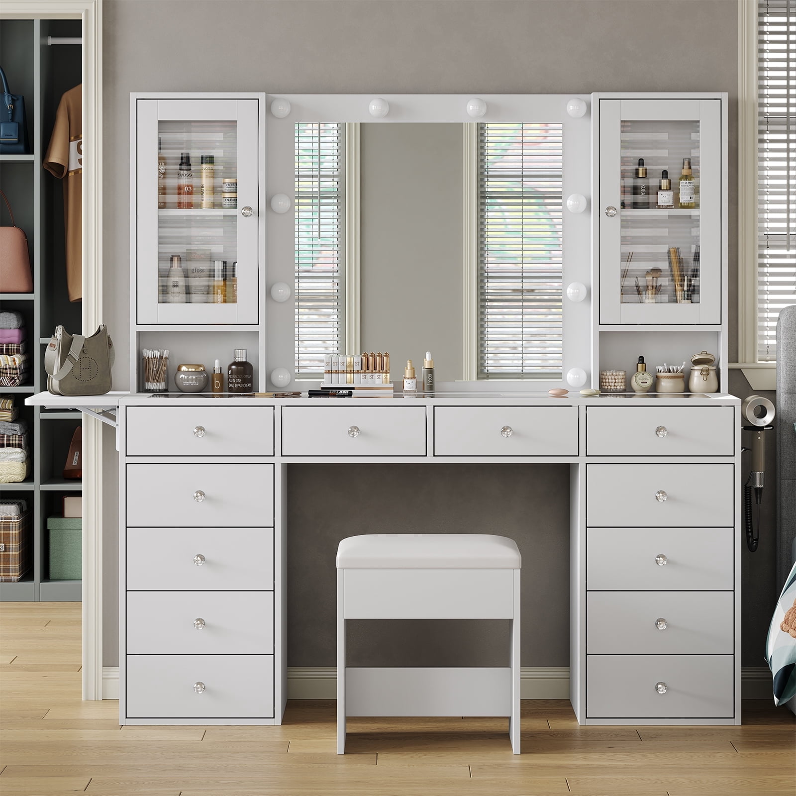 Yanosaku Vanity Desk with Mirror, 10 LED Lights, 12 Drawers, Glass Top Vanity Table with Stool for Bedroom